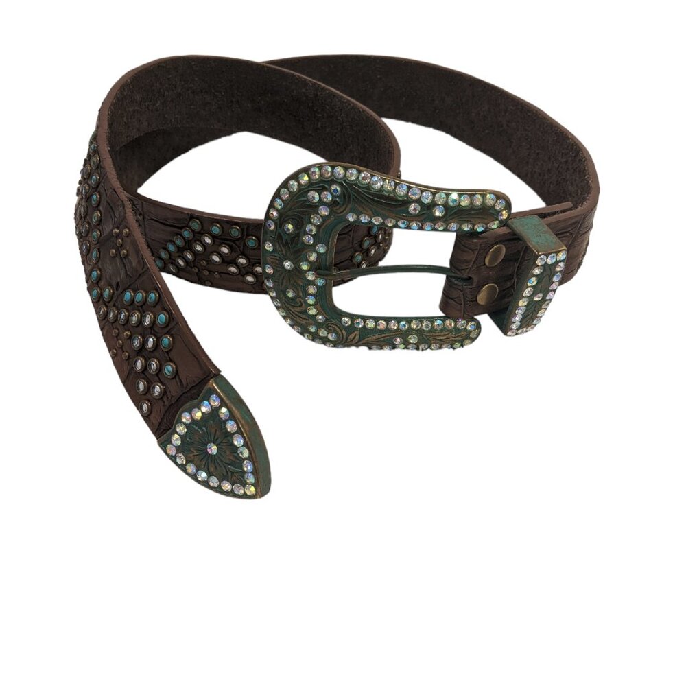 Wemons Belt Stud and Stone Western Leather  Teal Green Bling